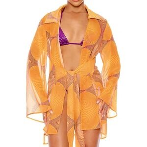 NWT Forplay Women's Nayarit Chiffon Tie Front Pool Tunic - Citrus Optic - Size L